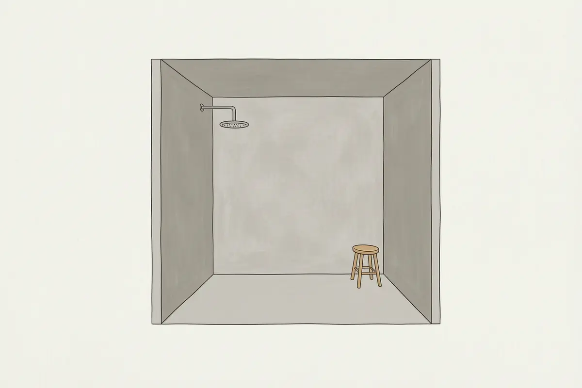 Flat illustration of a seamless microcement shower enclosure with a rain shower head
